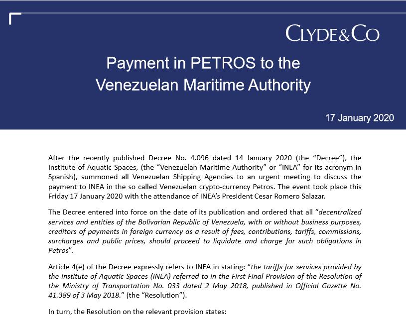 Payment in PETROS to the Venezuelan MaritimeAuthority